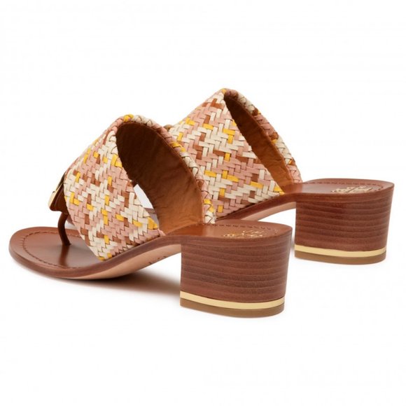 Tory Burch PATOS DISK MID-HEEL SANDAL Woven Neutral Pink Gold Accent Details - Picture 2 of 14